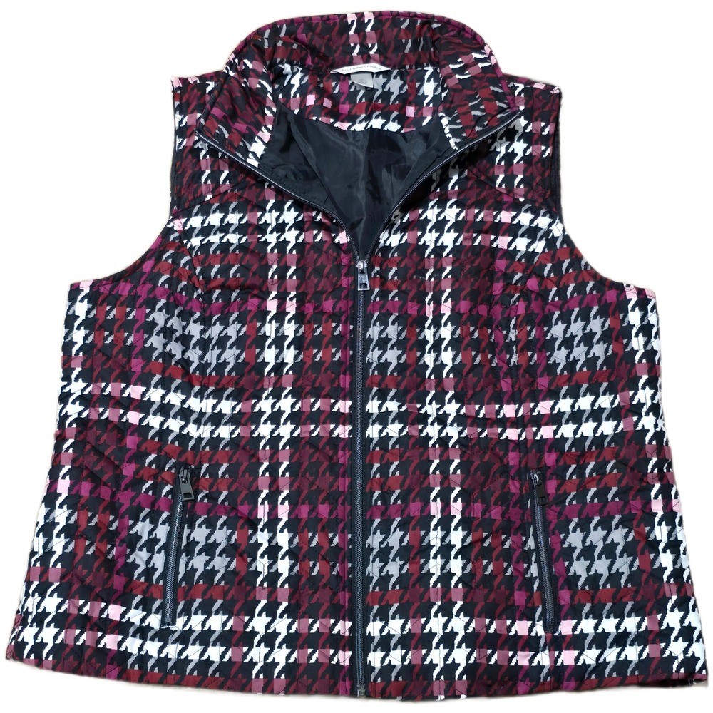 Christopher & Banks Womens XL Quilted Vest Burgundy Pink Houndstooth Plaid ZipUp